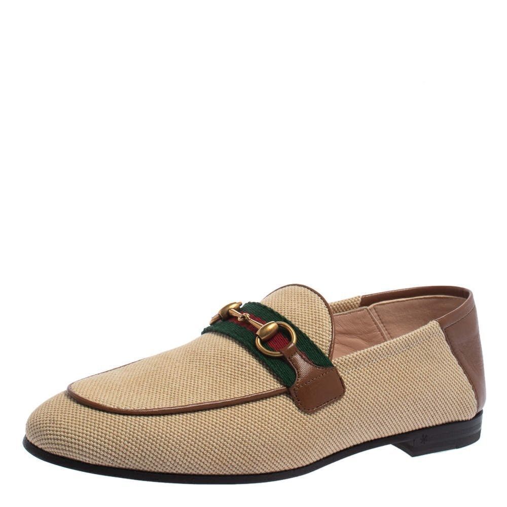 Gucci Beige Brown Canvas and Leather Horsebit Brixton Charlotte Loafers Size 35 - Picture 2 of 13